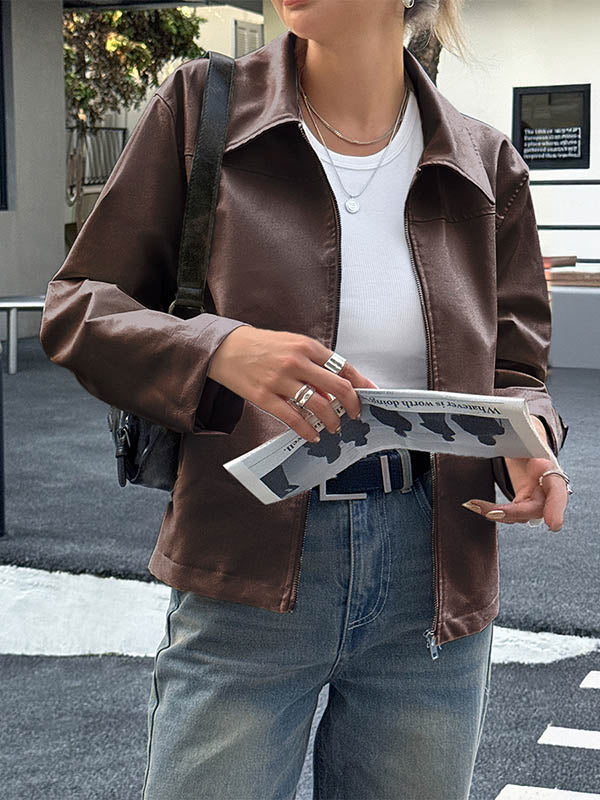 Pockets Solid Color Zipper Long Sleeves Lapel Overcoat Jackets