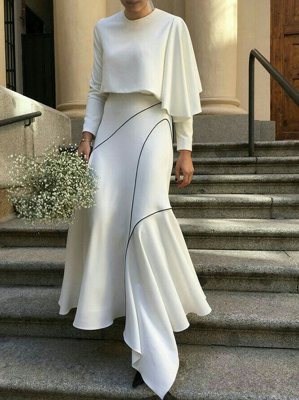 Asymmetric Solid Color Split-Joint Long Sleeves Loose Round-neck T-Shirts Tops