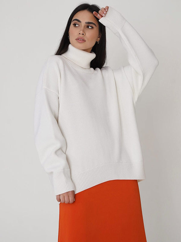 Casual Long Sleeves Loose Solid Color High-Neck Sweater Tops