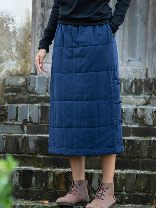 Cotton-Padded Clothes Keep Warm Quilted Solid Color Split-Joint Velvet Loose Skirts Bottoms
