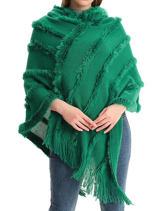 Hooded Keep Warm Solid Color Tasseled Shawl&Cloak Cape