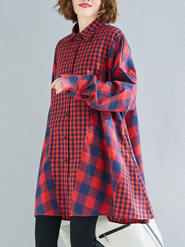 Plaid Lapel Long Sleeve Blouse Top