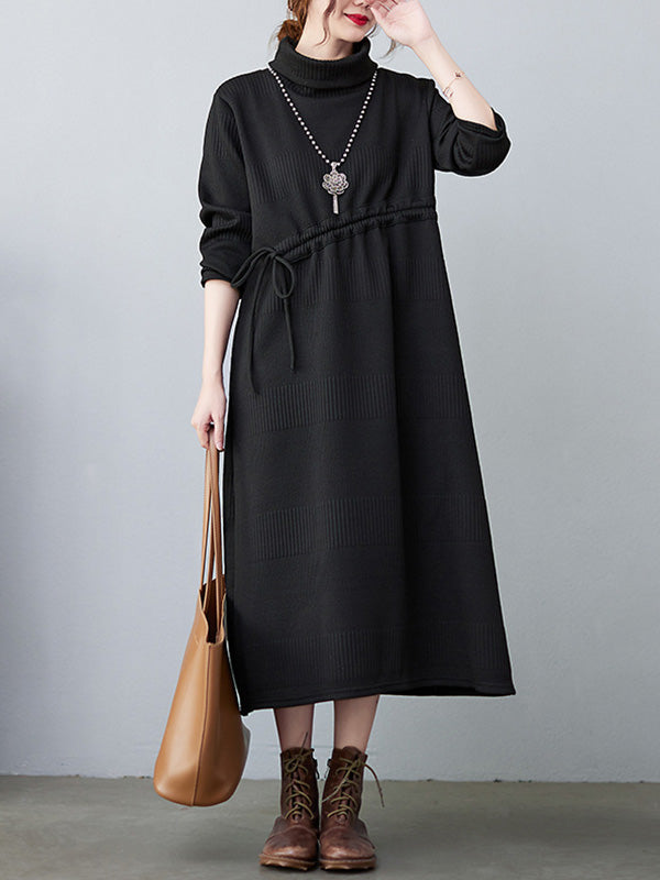 Casual Loose Solid Color Drawstring High-Neck Long Sleeves Sweater Dress