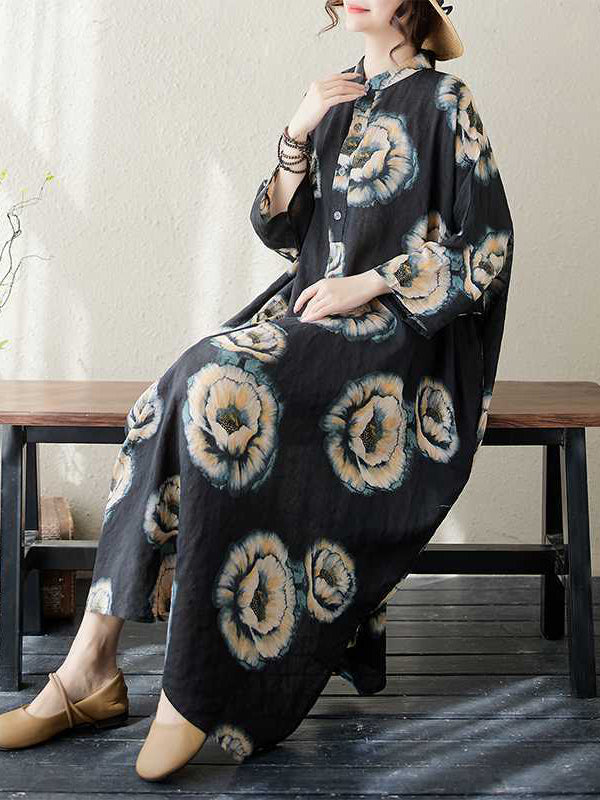 Buttoned Flower Print Loose Three-quarter Sleeves Stand Collar Midi Dresses