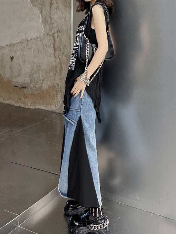 Asymmetric Contrast Color Fringed Pleated Split-Joint Skirts