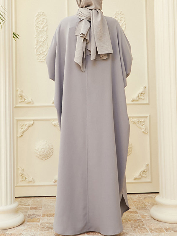 Buttoned Muslim Solid Color Split-Side Batwing Sleeves Loose Round-Neck Muslim Abaya Maxi Dresses