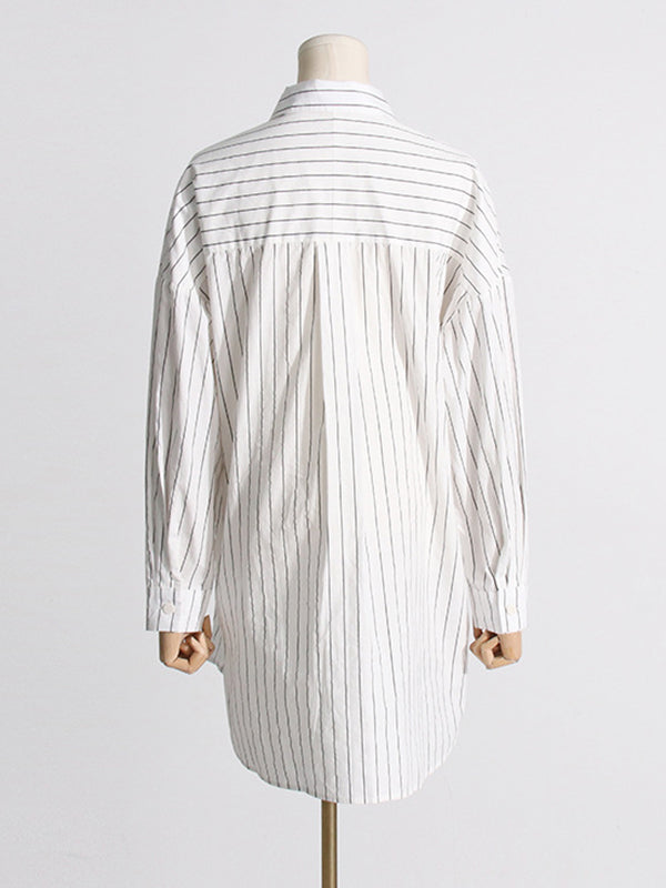 Buttoned Pockets Striped Long Sleeves Loose Lapel Blouses&shirts Tops
