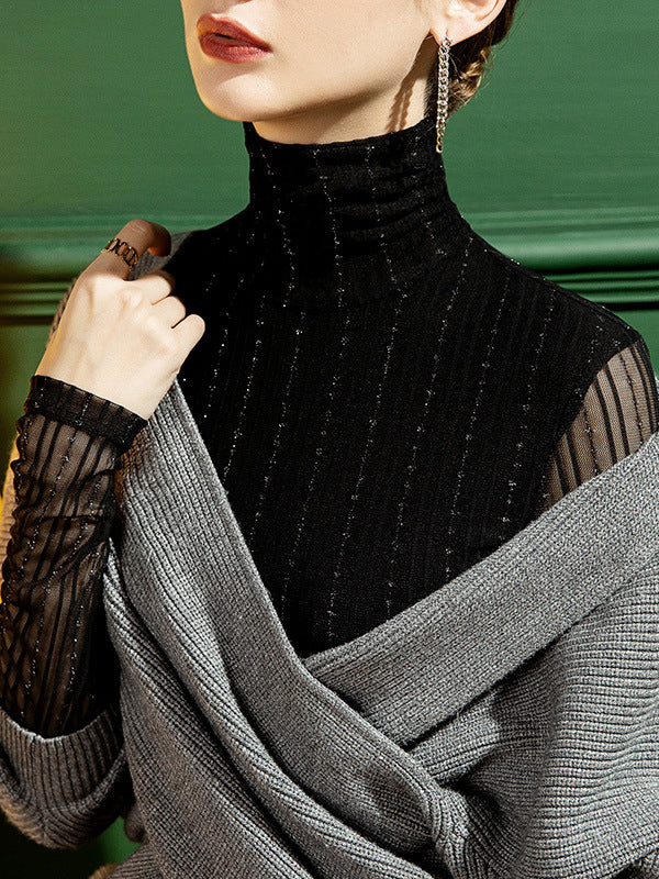 See-Through Solid Color Long Sleeves Skinny High-Neck T-Shirts Tops
