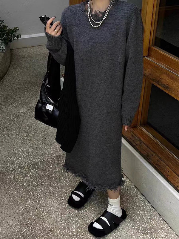 Fringed Solid Color High Waisted Long Sleeves Round-Neck Sweater Dresses Midi Dresses