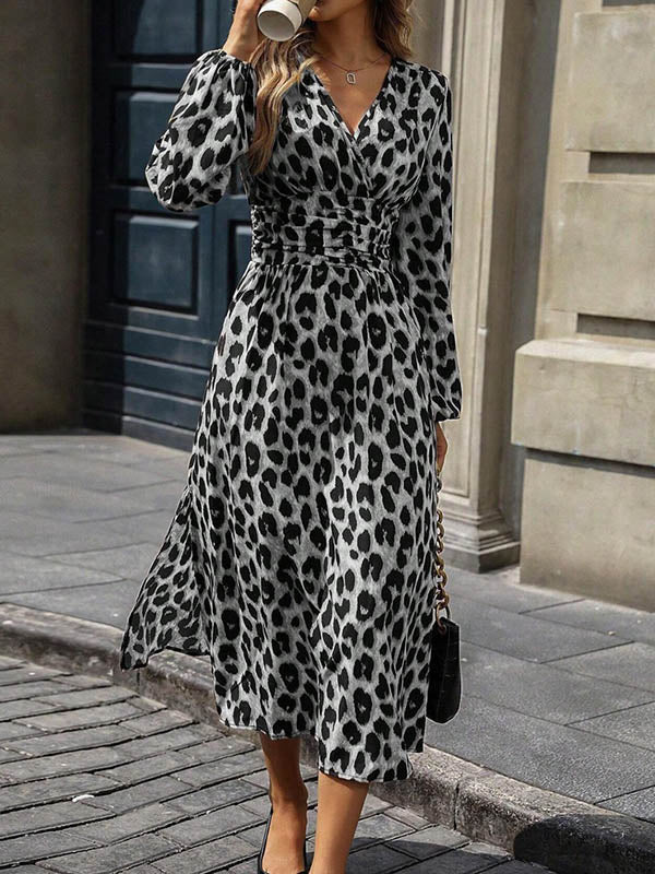 Contrast Color Leopard Pleated Split-Joint Elasticated Waist High Waisted V-Neck Maxi Dresses