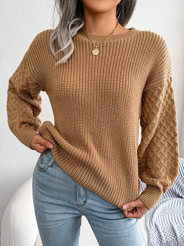 Cable Knit Solid Color Long Sleeves Loose Round-Neck Sweater Tops