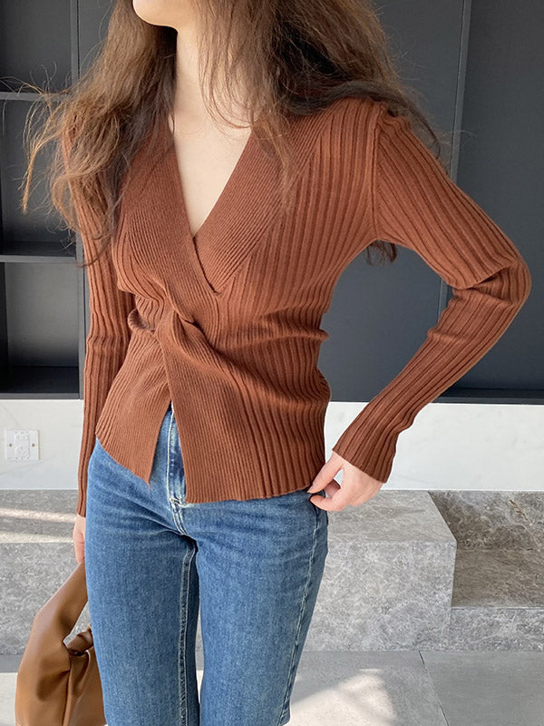 Knot Solid Color Long Sleeves Loose V-Neck Sweater Tops Pullovers