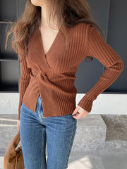 Knot Solid Color Long Sleeves Loose V-Neck Sweater Tops Pullovers