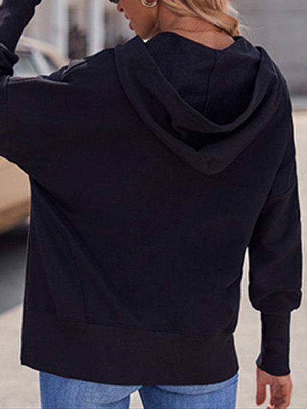 Buttoned Hooded Split-Joint Batwing Sleeves Long Sleeves V-Neck Hoodies Tops