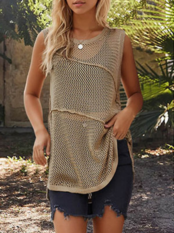 Hollow Solid Color Split-Joint Loose Sleeveless Round-neck Vest Top