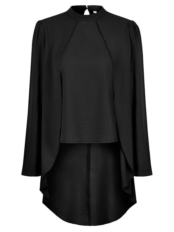Solid Color Split-Joint False Two High-Low Mock Neck Blouses&Shirts Tops
