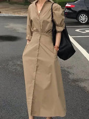 Pleated Solid Color Split-Joint Loose Puff Sleeves Lapel Shirt Dress Maxi Dresses