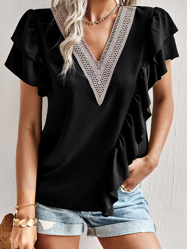 Asymmetric Split-Joint Ruffle Sleeves V-Neck Blouses&Shirts Tops