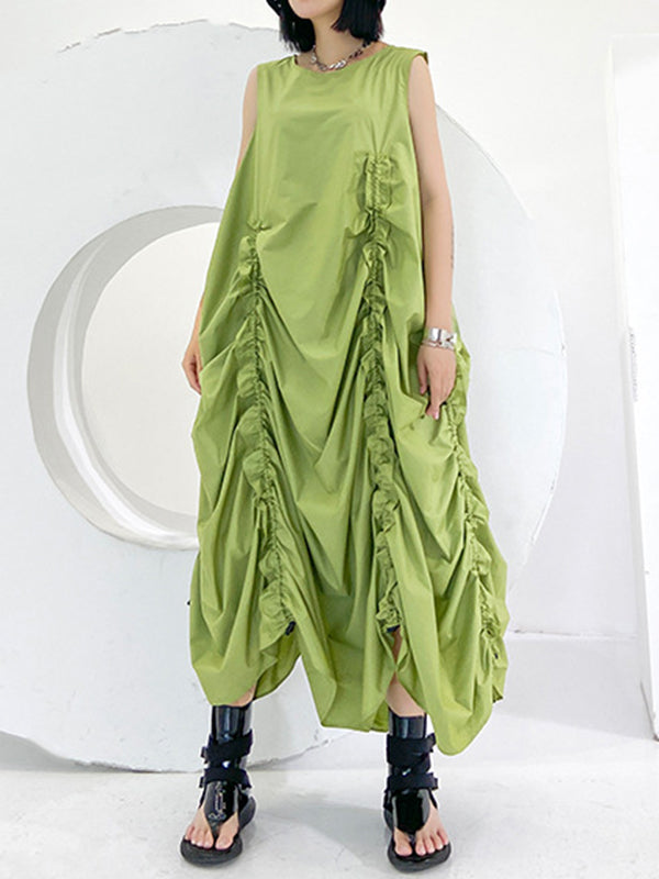 Pleated Solid Color Loose Sleeveless Round-neck Midi Dresses