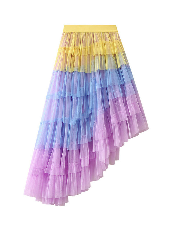 Contrast Color Elasticity Gauze Gradient Pleated Split-Joint Tiered A-Line High-Low Skirts