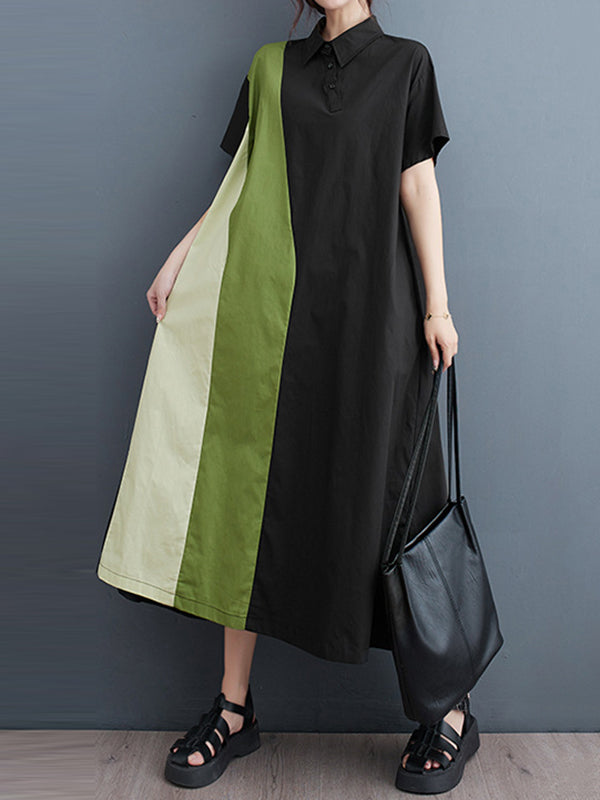 Multi-Colored Loose Short Sleeves Polo Midi Dresses