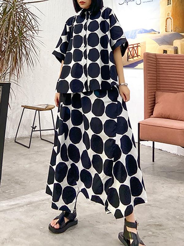 Round-Neck Batwing Sleeves Buttoned Polka-Dot Shirts Top + Elasticity Pockets Harem Pants Pants Bottom Two Pieces Set