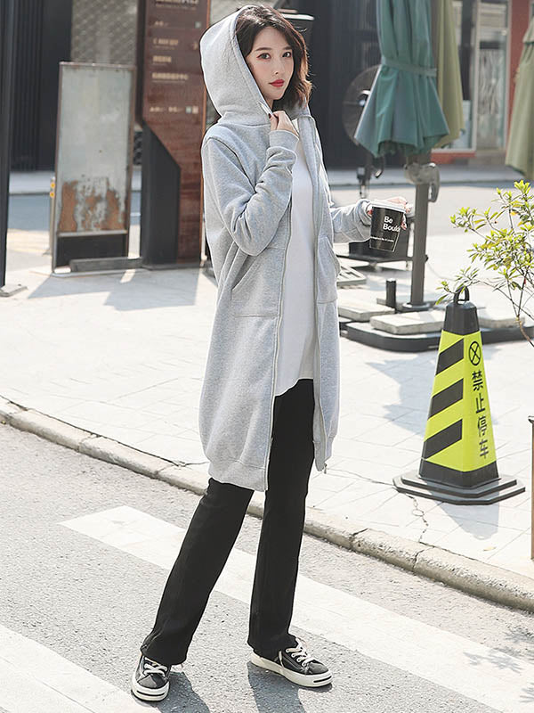 4Colors Drawstring Hooded Split-Joint Pocket Solid Color Zipper Outerwear