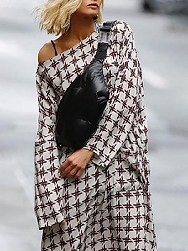 Printed Long Sleeves Loose Boat Neck Maxi Dresses