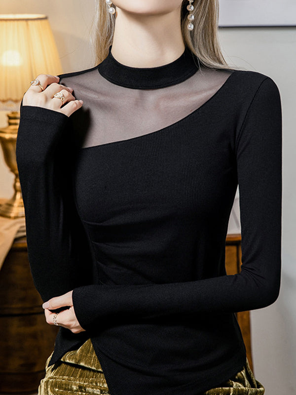 Asymmetric See-Through Solid Color Split-Front Split-Joint Long Sleeves Plus Size Round-Neck T-Shirts Tops