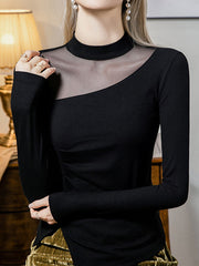 Asymmetric See-Through Solid Color Split-Front Split-Joint Long Sleeves Plus Size Round-Neck T-Shirts Tops