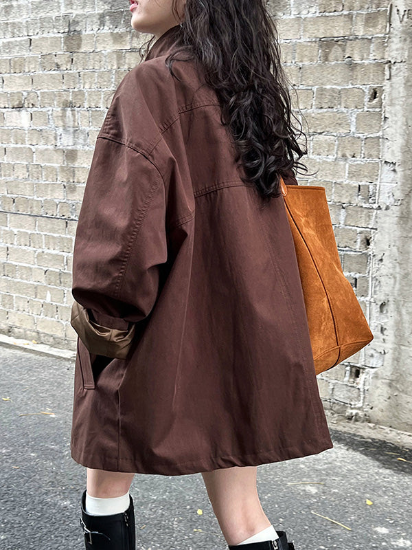 Pockets Solid Color Long Sleeves Loose Stand Collar Trench Coats Outerwear