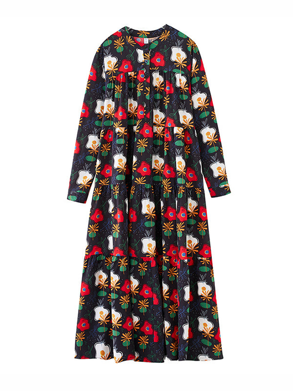 Buttoned Flower Print Split-Joint A-line Long Sleeves Round-neck Midi Dresses