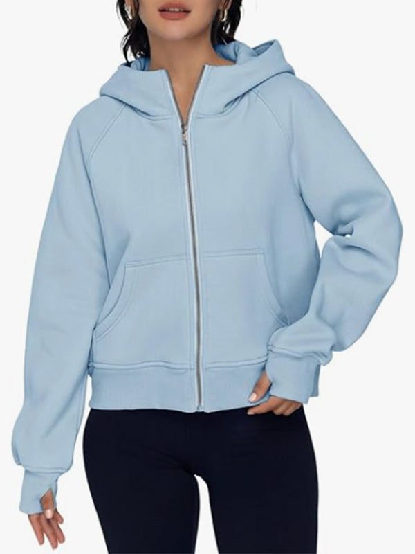 Pockets Solid Color Zipper Hooded Long Sleeves Outerwear Jackets