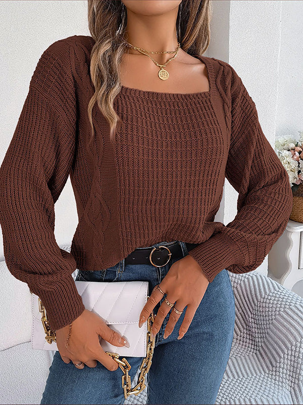 Solid Color Long Sleeves Loose Square-Neck Sweater Tops Pullovers