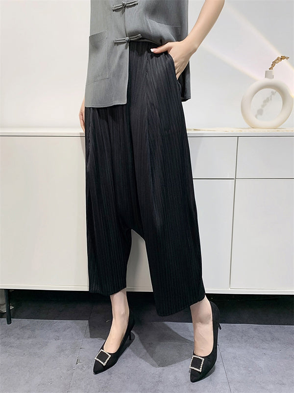 Elasticity Pleated Solid Color Split-Joint Harem Pants High Waisted Trousers Pants Ninth Pants