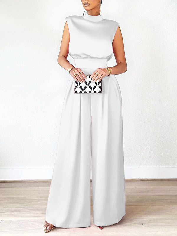 Casual Wide Leg Sleeveless Solid Color High-Neck Jumpsuits