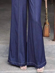 Elasticity Pockets Solid Color High Waisted Loose Trousers Jean Pants Bottoms