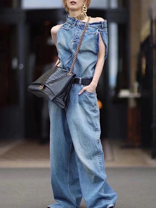 Buttoned Fringed Loose Sleeveless Belted Pockets Boat Neck Vest Top + Pants Bottom Two Pieces Set