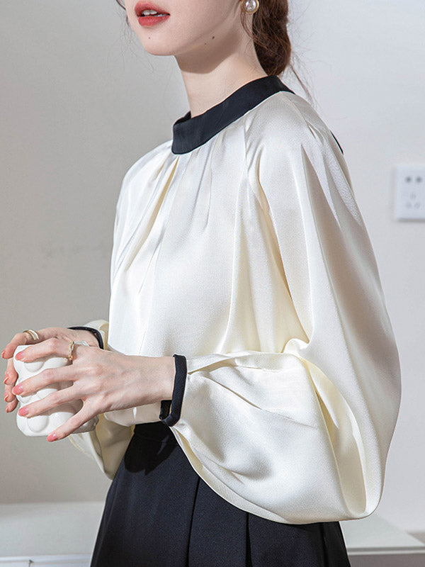 Contrast Color Pleated Split-Joint Loose Puff Sleeves Stand Collar Blouses