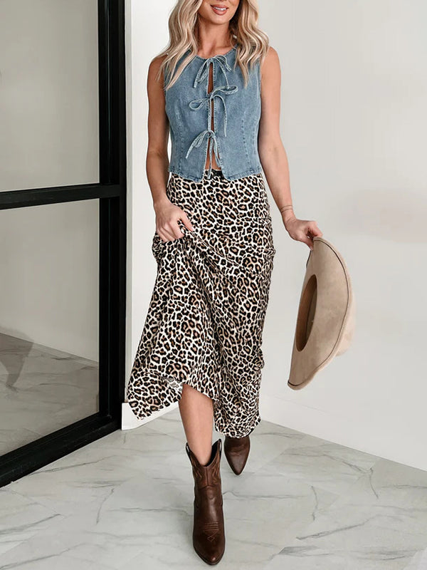 Lace-Up Split-Joint Loose Sleeveless Round-Neck Vest Top