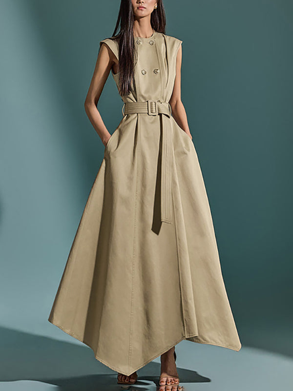 Belted Buttoned Pockets Solid Color A-Line High Waisted Round-Neck Maxi Dresses