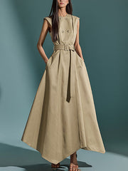 Belted Buttoned Pockets Solid Color A-Line High Waisted Round-Neck Maxi Dresses