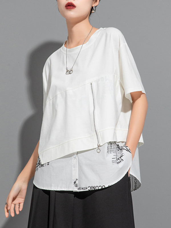 Printing Split-Joint False Two Loose Round-neck T-Shirts Tops
