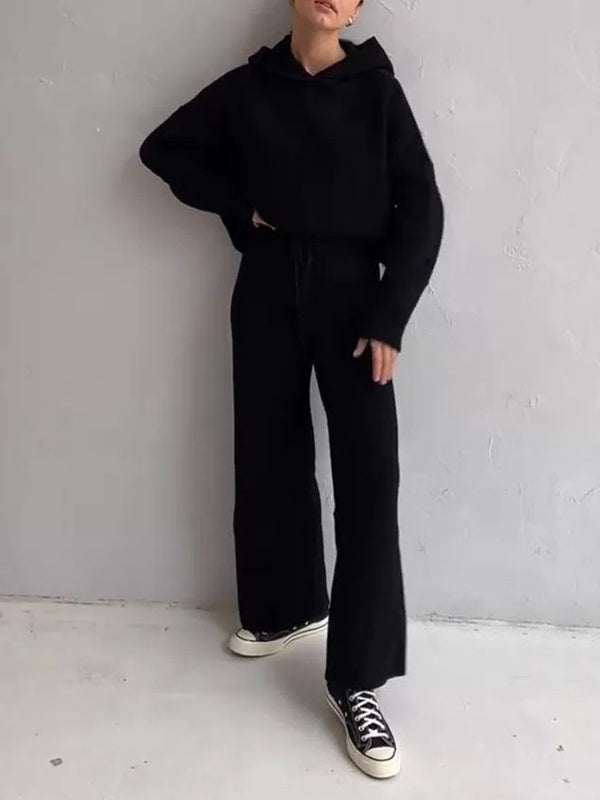 Solid Color Loose Round-Neck Hooded Long Sleeves Sweater Top + Drawstring Pants Bottom Two Pieces Set
