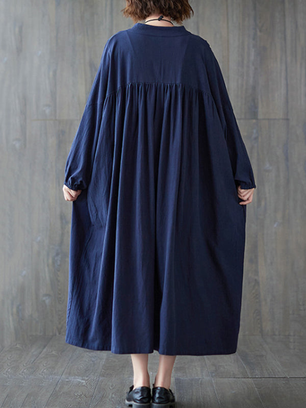 Pleated Solid Color Loose Puff Sleeves Stand Collar Midi Dresses