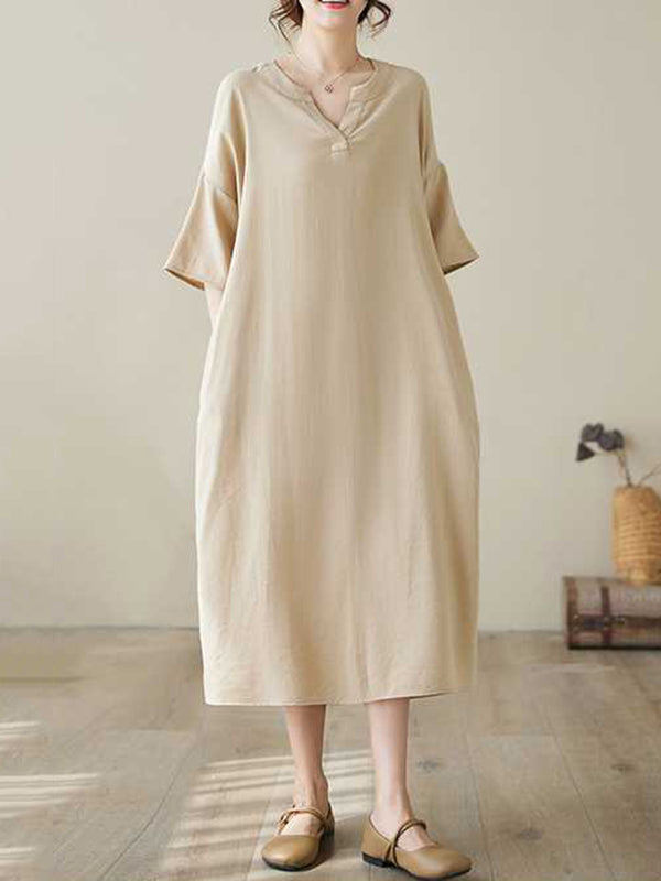 Knot Pockets Solid Color A-Line Loose V-Neck Midi Dresses