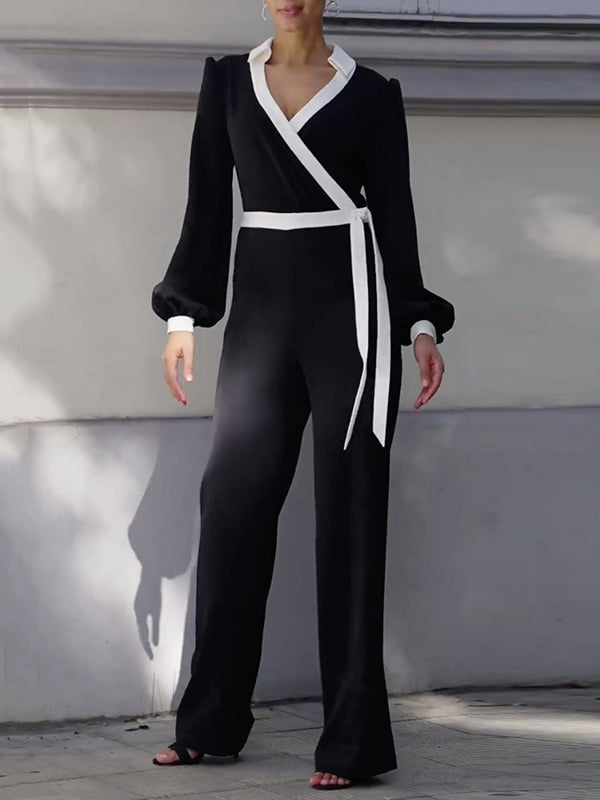 Contrast Color Tied Long Sleeves Loose Deep V-Neck Jumpsuits