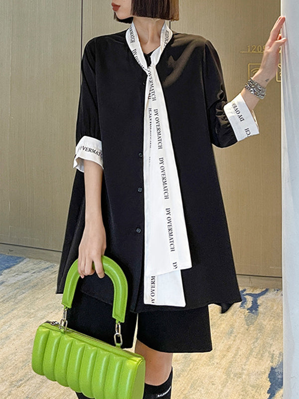 Contrast Color Lace-Up Letter Print Split-Joint Loose Short Sleeves Stand Collar Blouses