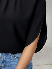 Sequined Solid Color Half Sleeves Loose High Neck Blouses&shirts Tops