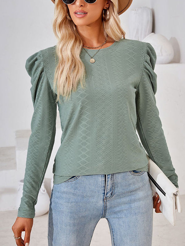 Pleated Solid Color Long Sleeves Loose Round-Neck T-Shirts Tops